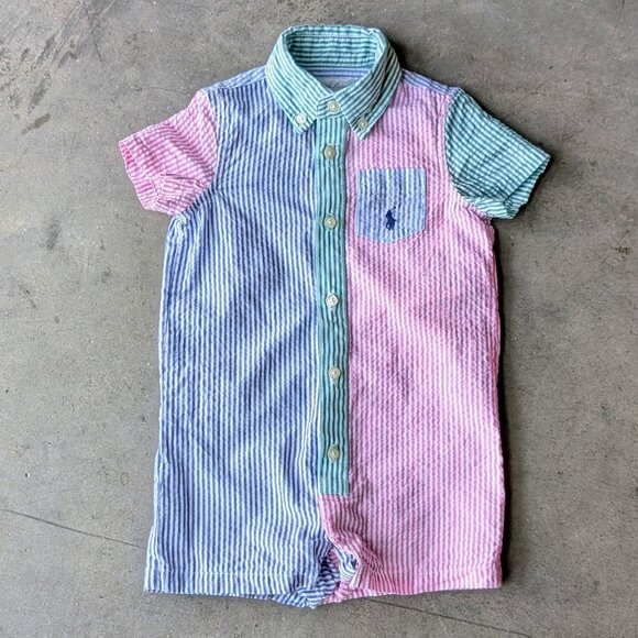 Ralph Lauren Blue Pink Green Striped Onesie and Gingham Plaid Shirt Bundle 9M - Picture 2 of 11
